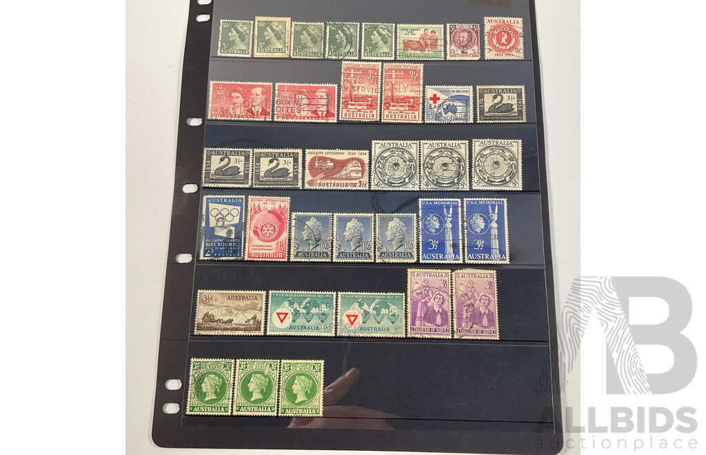 Collection of Australian Predecimal Stamps Spanning 1910's to 1965 Including KGV, KGVI, QE2, Kangaroo on Map Ninepence, Hand Cancel, Perfins, Five Shillings Coat of Arms, Threepence Kookaburra