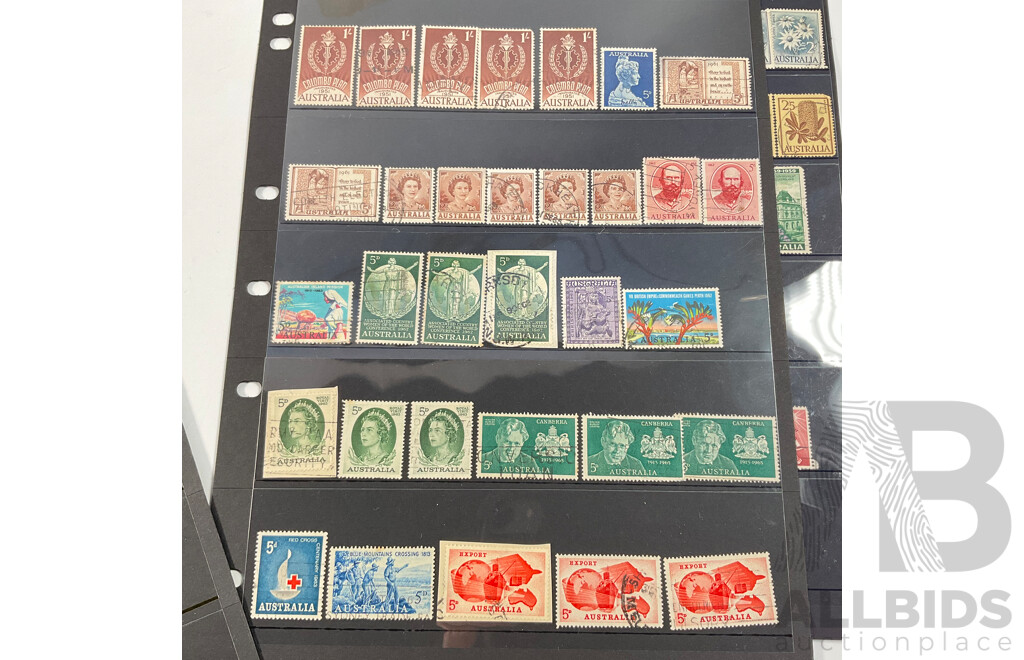 Collection of Australian Predecimal Stamps Spanning 1910's to 1965 Including KGV, KGVI, QE2, Kangaroo on Map Ninepence, Hand Cancel, Perfins, Five Shillings Coat of Arms, Threepence Kookaburra
