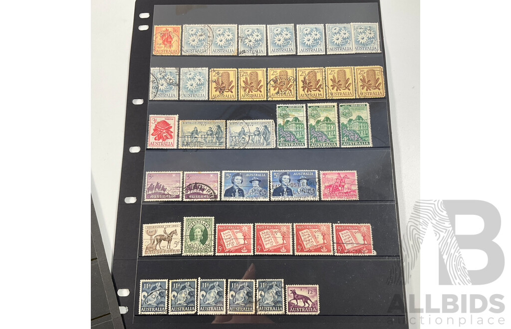 Collection of Australian Predecimal Stamps Spanning 1910's to 1965 Including KGV, KGVI, QE2, Kangaroo on Map Ninepence, Hand Cancel, Perfins, Five Shillings Coat of Arms, Threepence Kookaburra