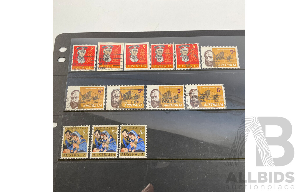 Collection of Australian Predecimal Stamps Spanning 1910's to 1965 Including KGV, KGVI, QE2, Kangaroo on Map Ninepence, Hand Cancel, Perfins, Five Shillings Coat of Arms, Threepence Kookaburra