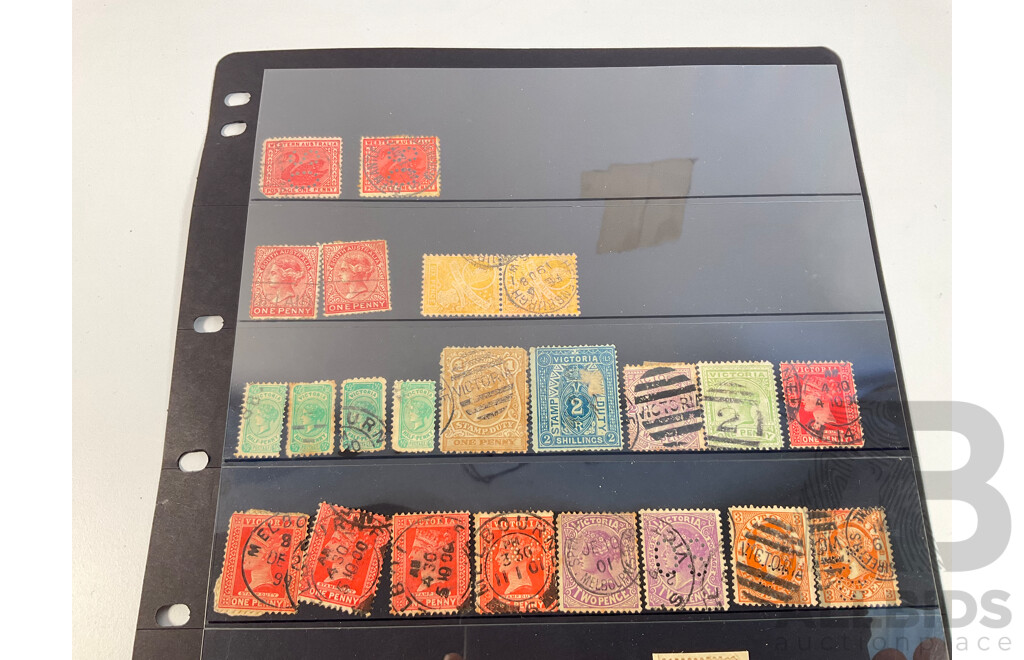 Australian Colonial State Stamps Including Victoria, Queensland, Western Australia, Tasmania, South Australia, QV, Perfins, Stamp Duty One and Two Shillings, Hand Cancel