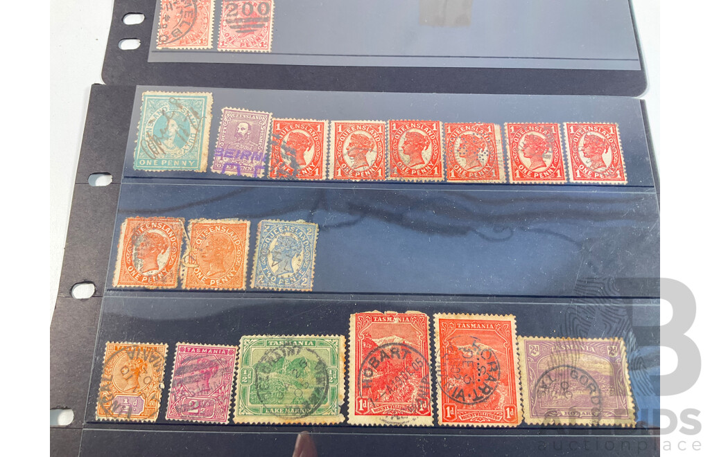 Australian Colonial State Stamps Including Victoria, Queensland, Western Australia, Tasmania, South Australia, QV, Perfins, Stamp Duty One and Two Shillings, Hand Cancel