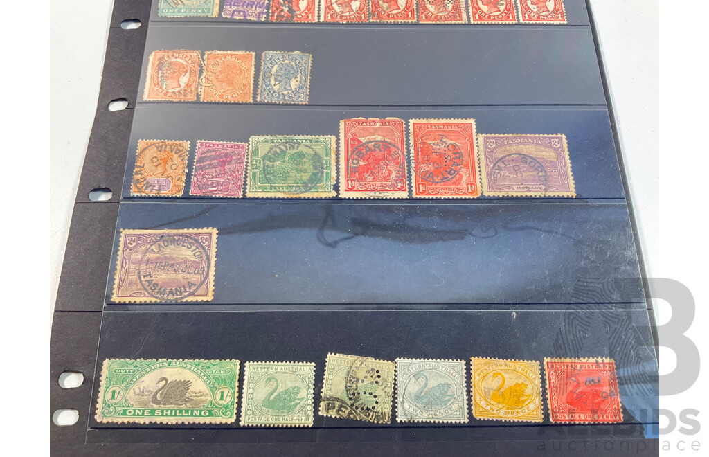 Australian Colonial State Stamps Including Victoria, Queensland, Western Australia, Tasmania, South Australia, QV, Perfins, Stamp Duty One and Two Shillings, Hand Cancel
