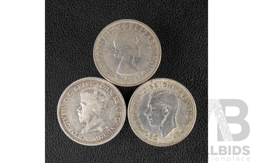 Three Australian Commemorative Silver Florins Including 1927 KGV Parliament House, 1951 KGVI Federation, 1954 QE2 Royal Visit