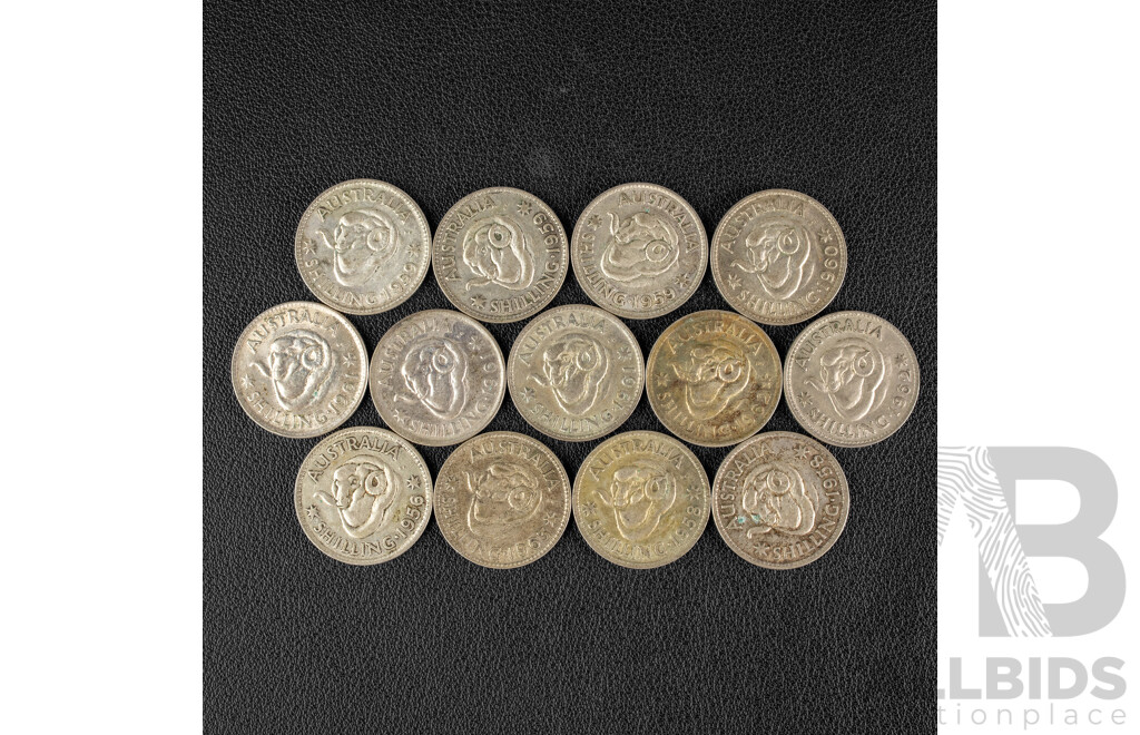 Thirteen Australian QE2 Silver Shillings Including 1956, 1958(2) 1959(3) 1960, 1961(3) 1962(2) 1963 .500