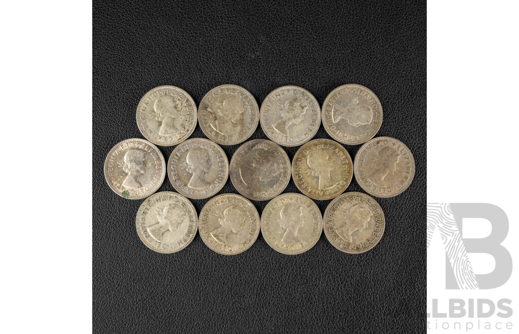 Thirteen Australian QE2 Silver Shillings Including 1956, 1958(2) 1959(3) 1960, 1961(3) 1962(2) 1963 .500