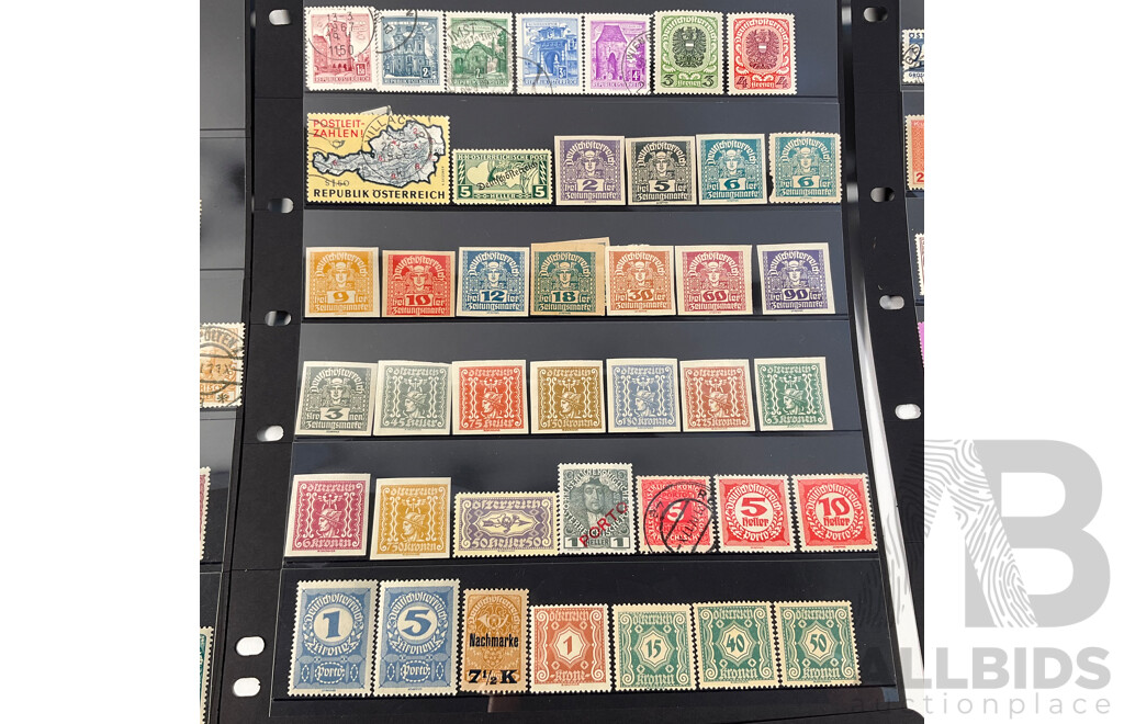 Collection of Austrian Stamps Including 1883 Coat of Arms, Emperor Franz Joseph I, 1917 Emperor Karl I, 1915 War Charity, 1920's Labour and Industry Sets