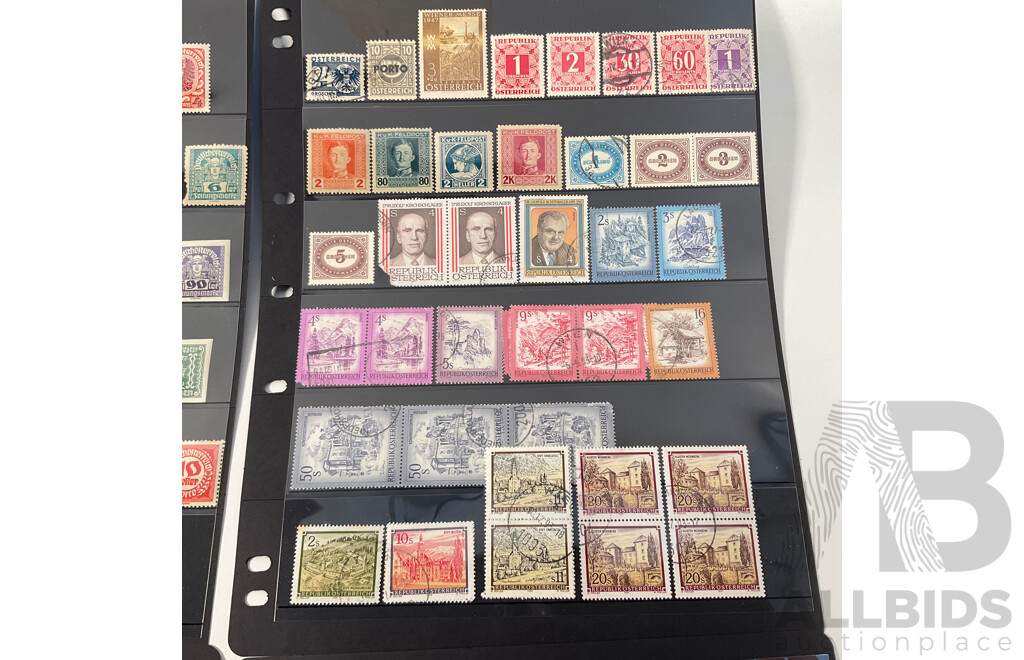 Collection of Austrian Stamps Including 1883 Coat of Arms, Emperor Franz Joseph I, 1917 Emperor Karl I, 1915 War Charity, 1920's Labour and Industry Sets