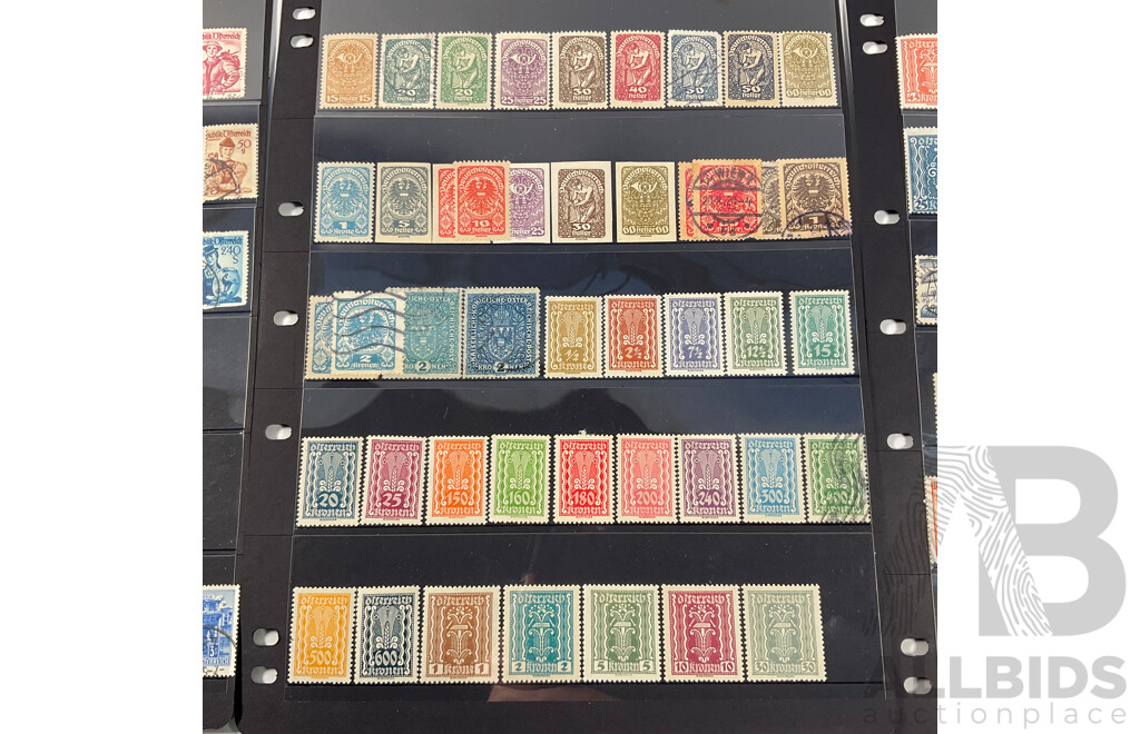 Collection of Austrian Stamps Including 1883 Coat of Arms, Emperor Franz Joseph I, 1917 Emperor Karl I, 1915 War Charity, 1920's Labour and Industry Sets