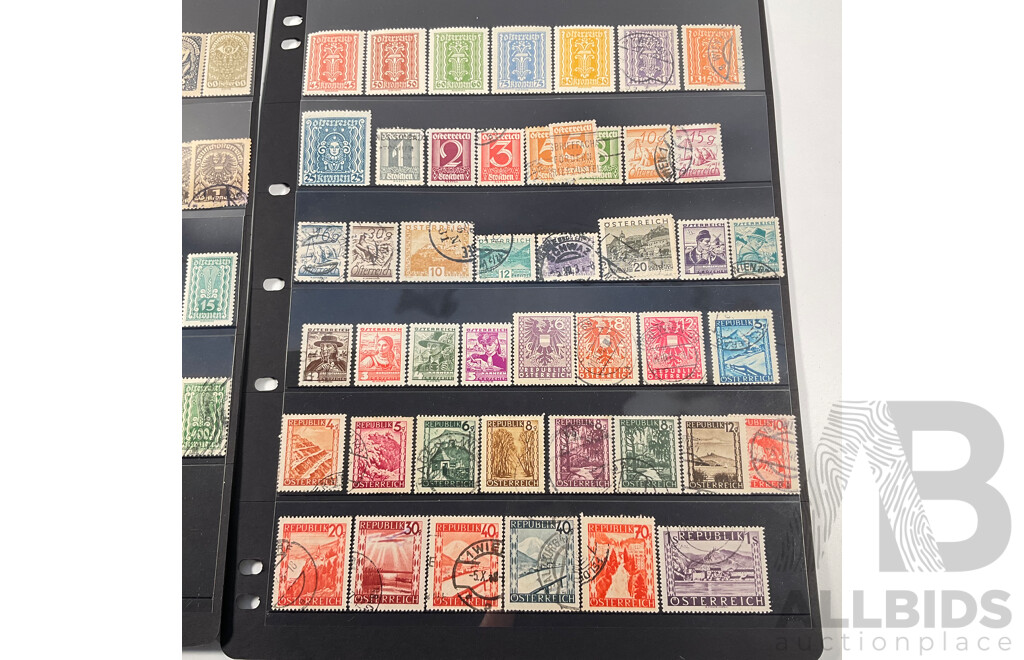 Collection of Austrian Stamps Including 1883 Coat of Arms, Emperor Franz Joseph I, 1917 Emperor Karl I, 1915 War Charity, 1920's Labour and Industry Sets