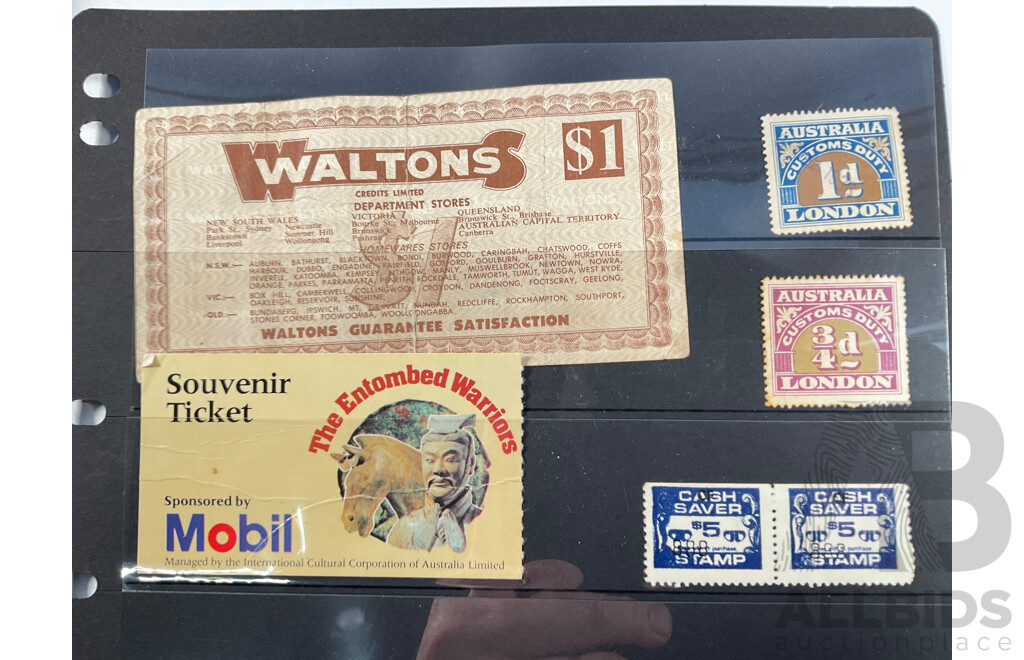 Collection of Vintage Australian Stamps and Packs Including 1983 Annual Album, Two War and Peace Packs, Customs Duty, Woolworths Cash Saver Stamps, Waltons Credit Certificate, Bagged Stamps on Paper