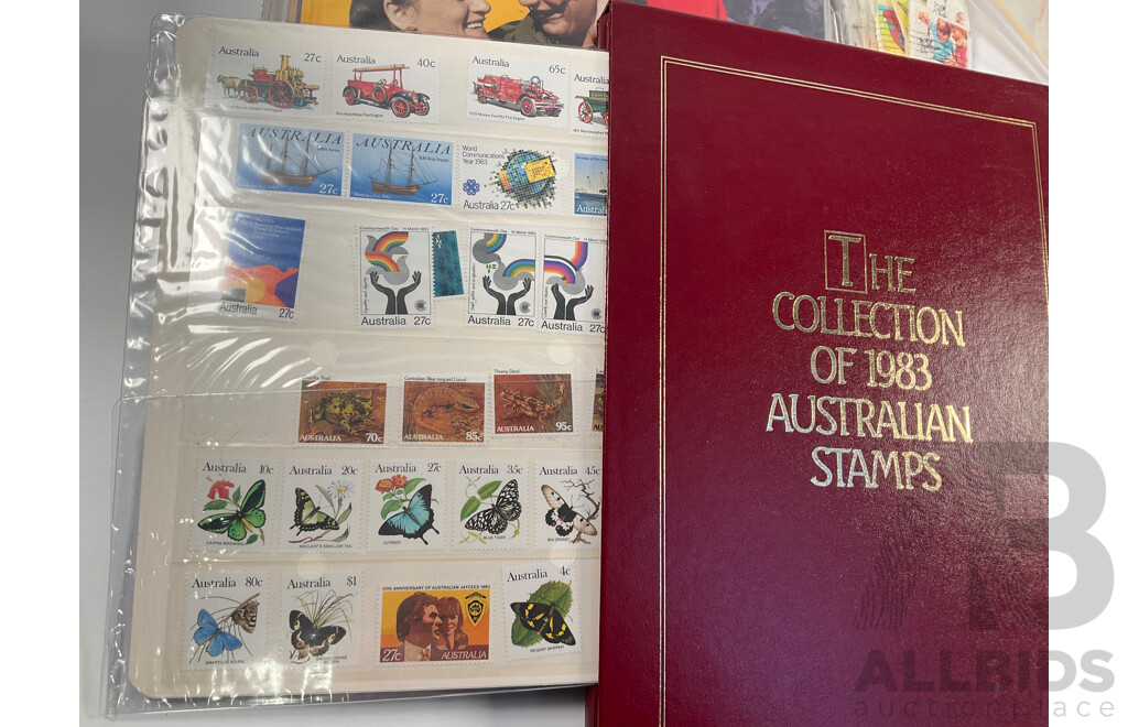 Collection of Vintage Australian Stamps and Packs Including 1983 Annual Album, Two War and Peace Packs, Customs Duty, Woolworths Cash Saver Stamps, Waltons Credit Certificate, Bagged Stamps on Paper