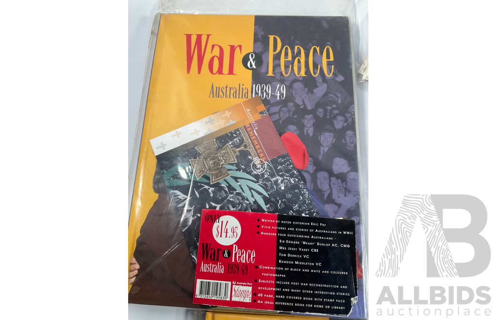 Collection of Vintage Australian Stamps and Packs Including 1983 Annual Album, Two War and Peace Packs, Customs Duty, Woolworths Cash Saver Stamps, Waltons Credit Certificate, Bagged Stamps on Paper