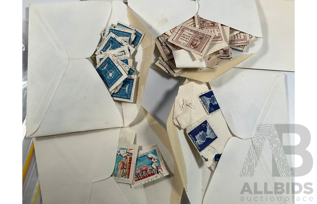 Collection of Vintage Australian Stamps and Packs Including 1983 Annual Album, Two War and Peace Packs, Customs Duty, Woolworths Cash Saver Stamps, Waltons Credit Certificate, Bagged Stamps on Paper