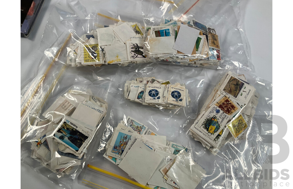 Collection of Vintage Australian Stamps and Packs Including 1983 Annual Album, Two War and Peace Packs, Customs Duty, Woolworths Cash Saver Stamps, Waltons Credit Certificate, Bagged Stamps on Paper
