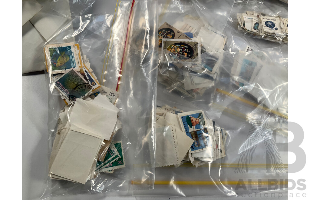 Collection of Vintage Australian Stamps and Packs Including 1983 Annual Album, Two War and Peace Packs, Customs Duty, Woolworths Cash Saver Stamps, Waltons Credit Certificate, Bagged Stamps on Paper