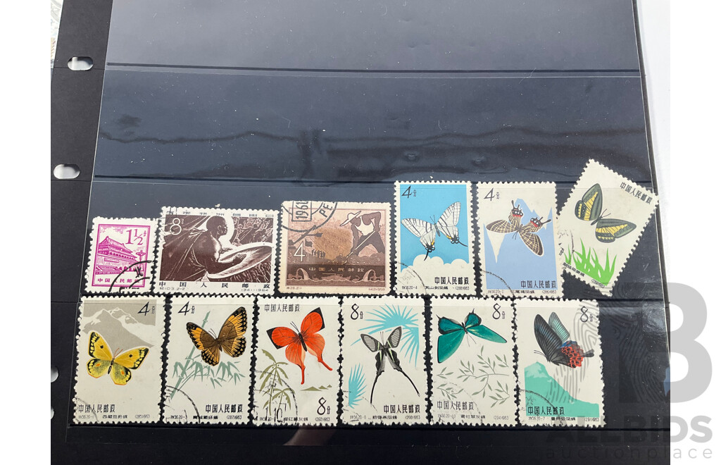 Collection of Vintage Chinese Stamps Including Coiling Dragon One, Two, Three Cents, Mao Tse-Tung Set, Overprints, Gate of Heavenly Peace Set, Mint Strips