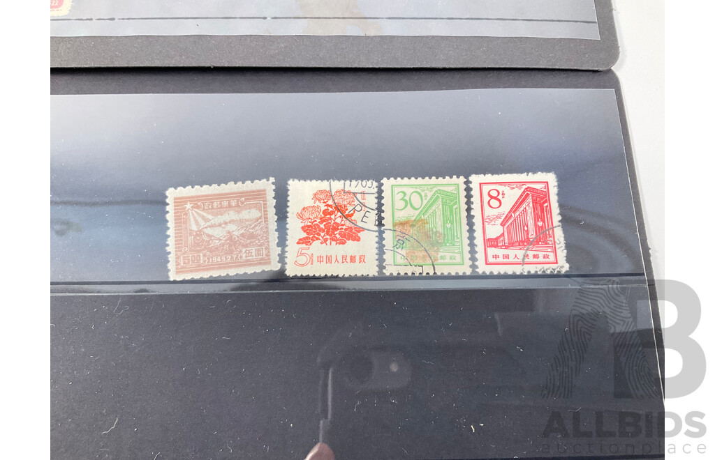 Collection of Vintage Chinese Stamps Including Coiling Dragon One, Two, Three Cents, Mao Tse-Tung Set, Overprints, Gate of Heavenly Peace Set, Mint Strips