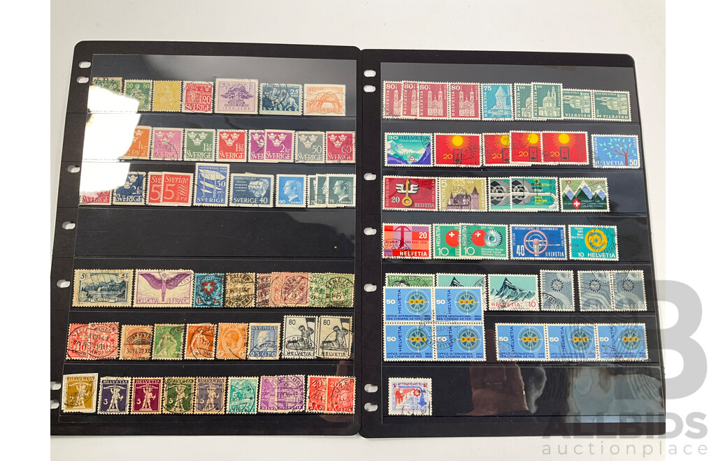 Collection of Antique and Vintage Stamps Including Spain, Yugoslavia, Czechoslovakia, Sweden, Switzerland