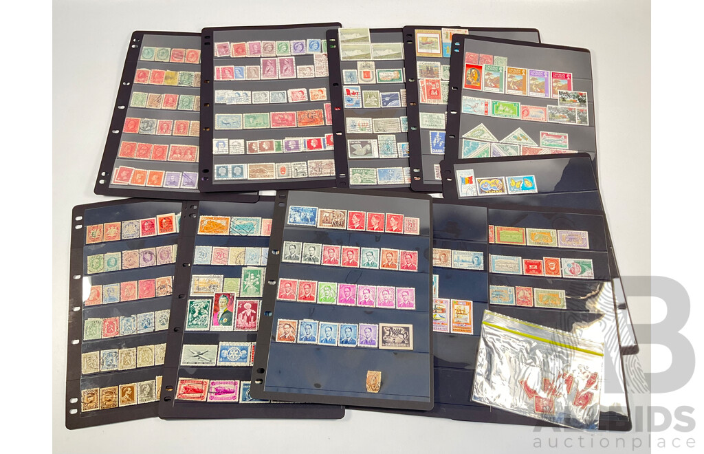 Collection of Antique and Vintage International Stamps Including Canada QV to QE2, Bavarian 1910's, Belgium 1930's, Railway Parcel Stamps, Airmail, Bermuda, War Tax, KGVI, French Cameroon Occupation Overprints