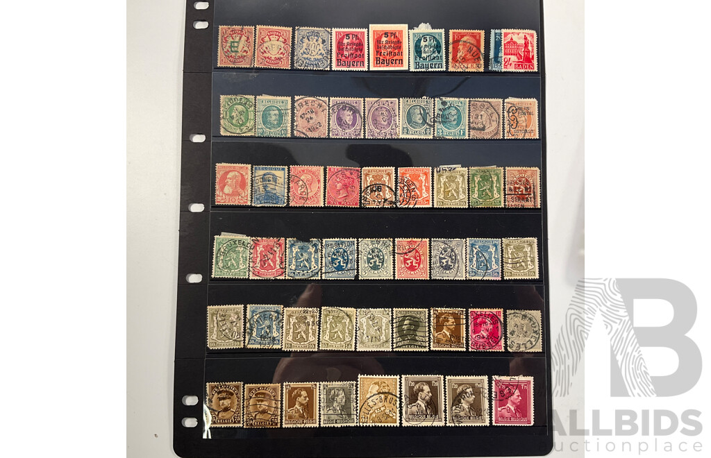 Collection of Antique and Vintage International Stamps Including Canada QV to QE2, Bavarian 1910's, Belgium 1930's, Railway Parcel Stamps, Airmail, Bermuda, War Tax, KGVI, French Cameroon Occupation Overprints