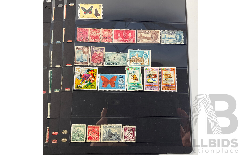 Collection of Antique and Vintage International Stamps Including Canada QV to QE2, Bavarian 1910's, Belgium 1930's, Railway Parcel Stamps, Airmail, Bermuda, War Tax, KGVI, French Cameroon Occupation Overprints