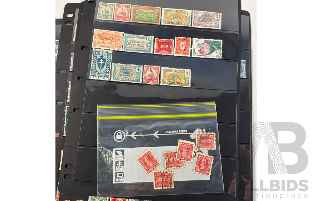 Collection of Antique and Vintage International Stamps Including Canada QV to QE2, Bavarian 1910's, Belgium 1930's, Railway Parcel Stamps, Airmail, Bermuda, War Tax, KGVI, French Cameroon Occupation Overprints