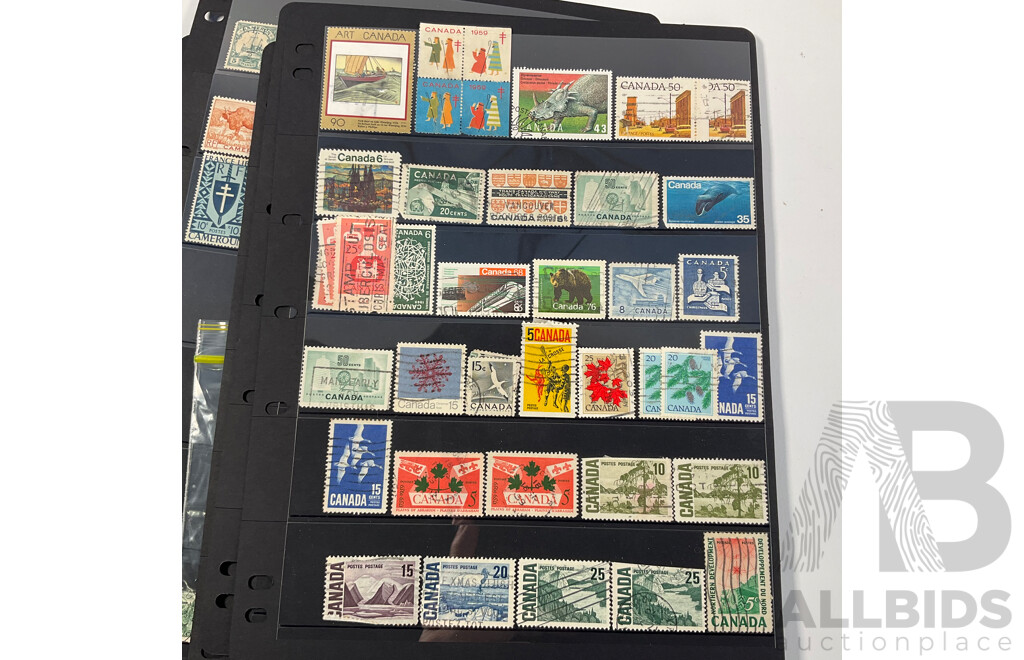 Collection of Antique and Vintage International Stamps Including Canada QV to QE2, Bavarian 1910's, Belgium 1930's, Railway Parcel Stamps, Airmail, Bermuda, War Tax, KGVI, French Cameroon Occupation Overprints