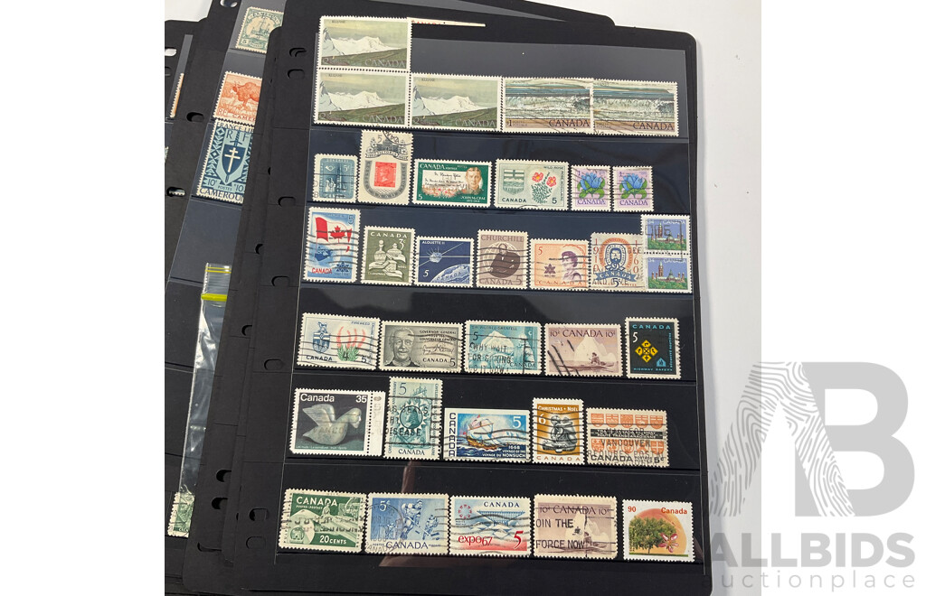 Collection of Antique and Vintage International Stamps Including Canada QV to QE2, Bavarian 1910's, Belgium 1930's, Railway Parcel Stamps, Airmail, Bermuda, War Tax, KGVI, French Cameroon Occupation Overprints