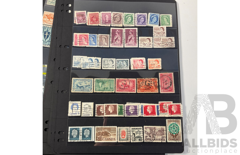 Collection of Antique and Vintage International Stamps Including Canada QV to QE2, Bavarian 1910's, Belgium 1930's, Railway Parcel Stamps, Airmail, Bermuda, War Tax, KGVI, French Cameroon Occupation Overprints