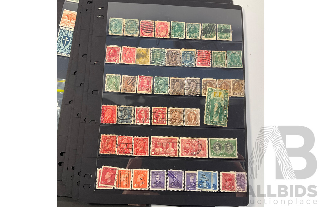 Collection of Antique and Vintage International Stamps Including Canada QV to QE2, Bavarian 1910's, Belgium 1930's, Railway Parcel Stamps, Airmail, Bermuda, War Tax, KGVI, French Cameroon Occupation Overprints