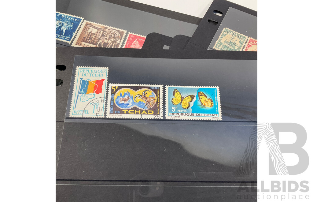 Collection of Antique and Vintage International Stamps Including Canada QV to QE2, Bavarian 1910's, Belgium 1930's, Railway Parcel Stamps, Airmail, Bermuda, War Tax, KGVI, French Cameroon Occupation Overprints