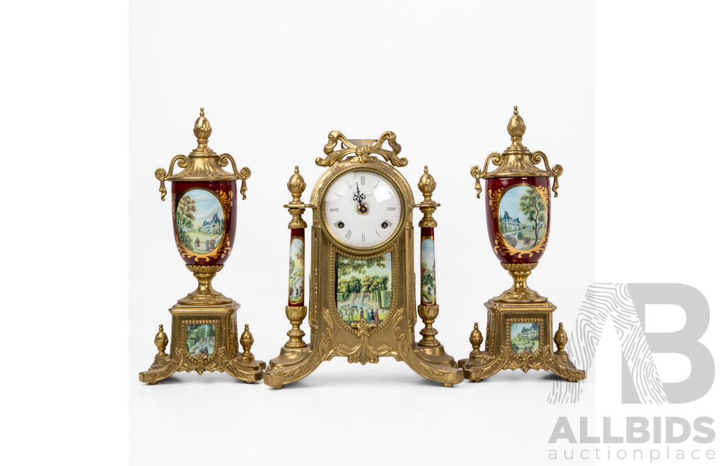 Lancini Imperial Ormolu Porcelain and Gilt Mantle Clock Garniture Set