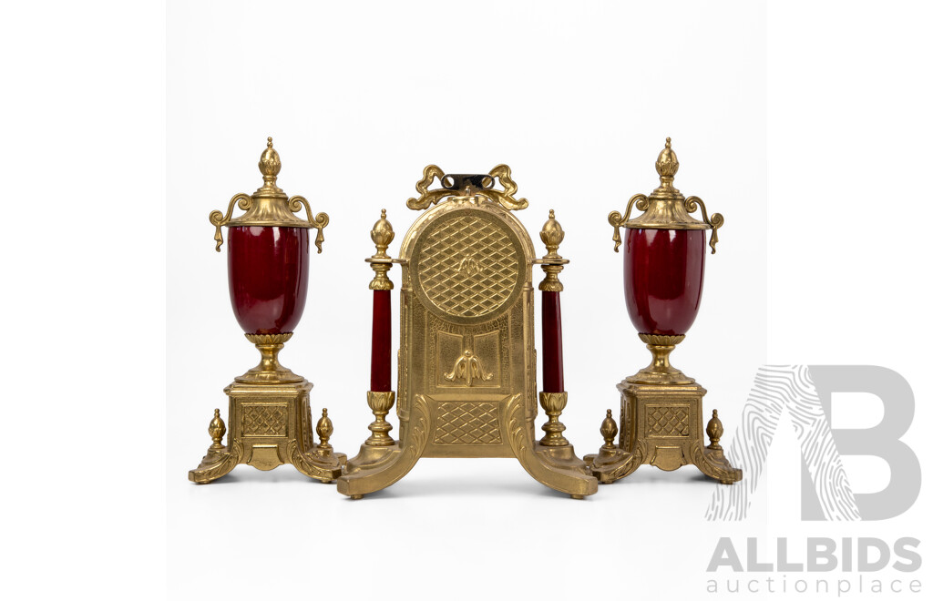 Lancini Imperial Ormolu Porcelain and Gilt Mantle Clock Garniture Set