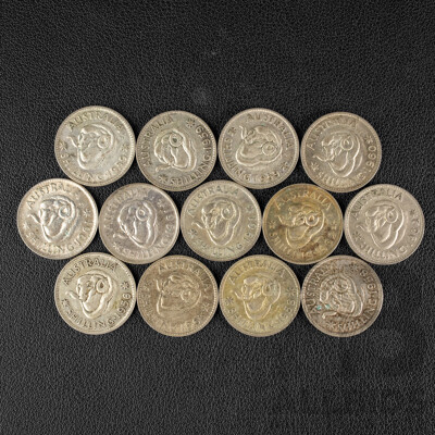Thirteen Australian QE2 Silver Shillings Including 1956, 1958(2) 1959(3) 1960, 1961(3) 1962(2) 1963  .500