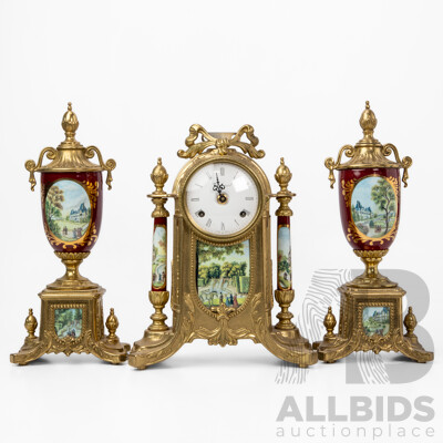 Lancini Imperial Ormolu Porcelain and Gilt Mantle Clock Garniture Set