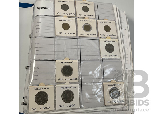 Album of International Coins in Alphabetical Order Including Argentina, Bahamas, Barbados, Brazil, Canada, China, East Africa, Egypt, Fiji, Ghana, Hong Kong, India, Indonesia, Israel, Japan, Kenya, Macau and More