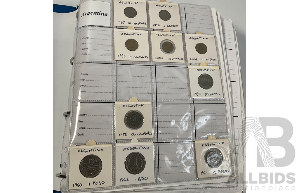 Album of International Coins in Alphabetical Order Including Argentina, Bahamas, Barbados, Brazil, Canada, China, East Africa, Egypt, Fiji, Ghana, Hong Kong, India, Indonesia, Israel, Japan, Kenya, Macau and More