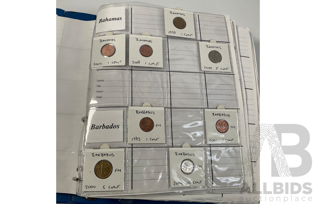 Album of International Coins in Alphabetical Order Including Argentina, Bahamas, Barbados, Brazil, Canada, China, East Africa, Egypt, Fiji, Ghana, Hong Kong, India, Indonesia, Israel, Japan, Kenya, Macau and More