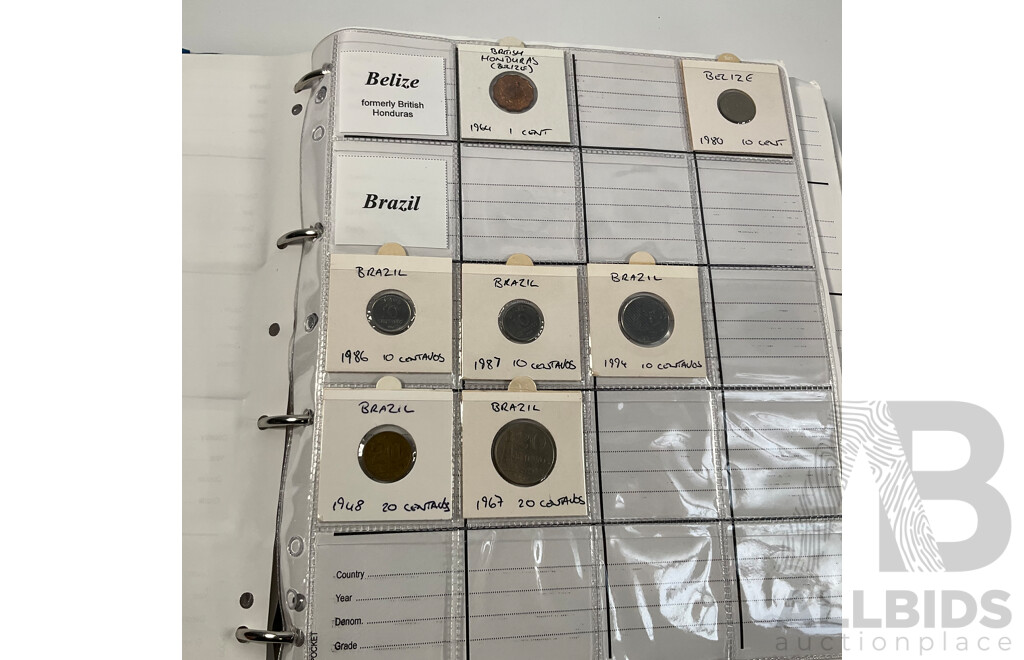 Album of International Coins in Alphabetical Order Including Argentina, Bahamas, Barbados, Brazil, Canada, China, East Africa, Egypt, Fiji, Ghana, Hong Kong, India, Indonesia, Israel, Japan, Kenya, Macau and More
