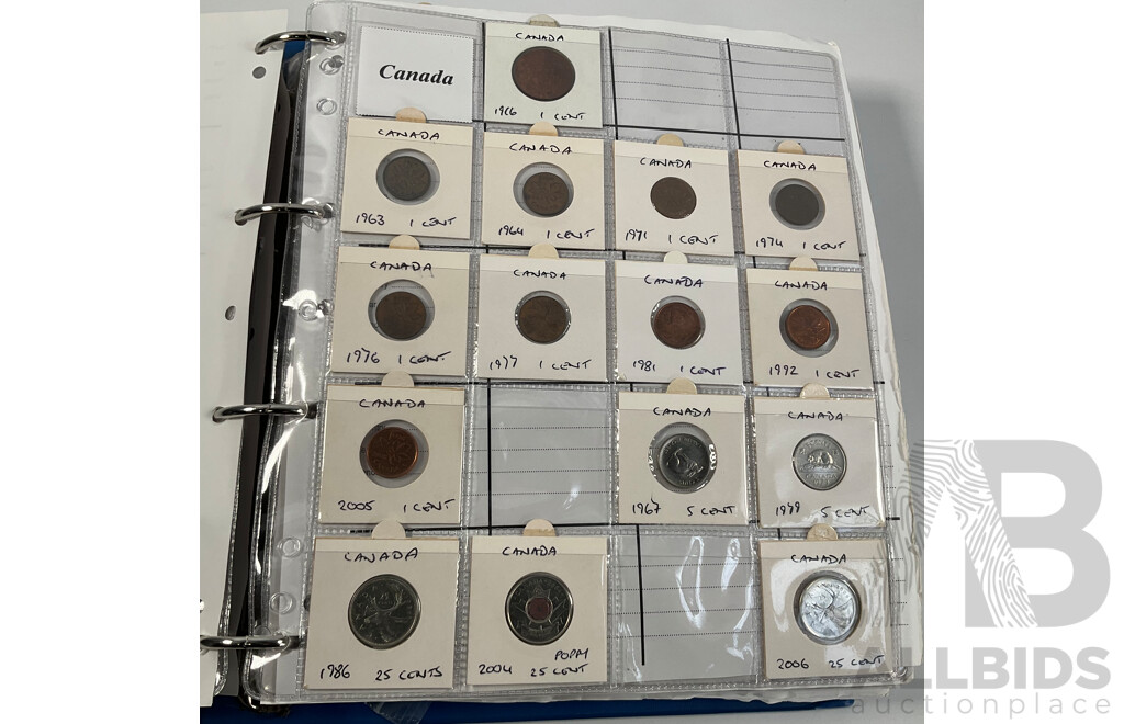 Album of International Coins in Alphabetical Order Including Argentina, Bahamas, Barbados, Brazil, Canada, China, East Africa, Egypt, Fiji, Ghana, Hong Kong, India, Indonesia, Israel, Japan, Kenya, Macau and More