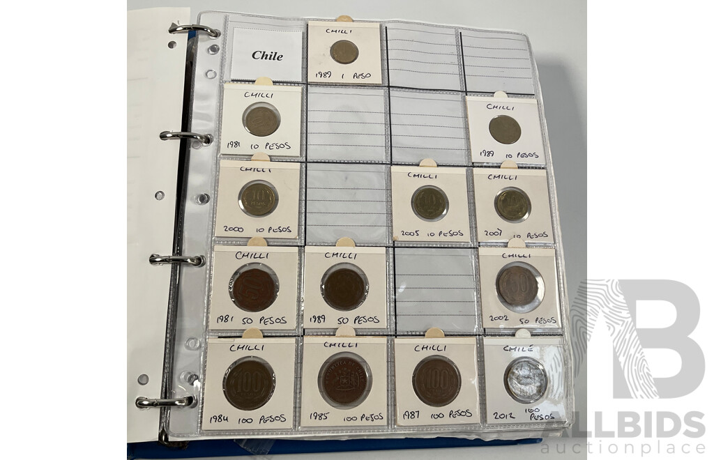 Album of International Coins in Alphabetical Order Including Argentina, Bahamas, Barbados, Brazil, Canada, China, East Africa, Egypt, Fiji, Ghana, Hong Kong, India, Indonesia, Israel, Japan, Kenya, Macau and More