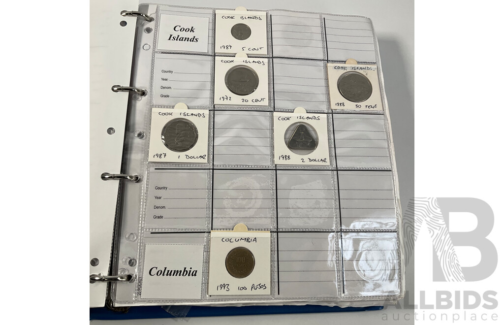 Album of International Coins in Alphabetical Order Including Argentina, Bahamas, Barbados, Brazil, Canada, China, East Africa, Egypt, Fiji, Ghana, Hong Kong, India, Indonesia, Israel, Japan, Kenya, Macau and More