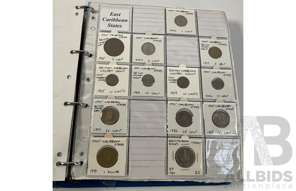 Album of International Coins in Alphabetical Order Including Argentina, Bahamas, Barbados, Brazil, Canada, China, East Africa, Egypt, Fiji, Ghana, Hong Kong, India, Indonesia, Israel, Japan, Kenya, Macau and More