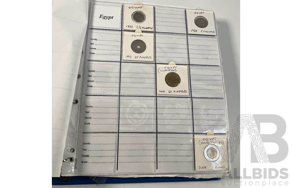 Album of International Coins in Alphabetical Order Including Argentina, Bahamas, Barbados, Brazil, Canada, China, East Africa, Egypt, Fiji, Ghana, Hong Kong, India, Indonesia, Israel, Japan, Kenya, Macau and More