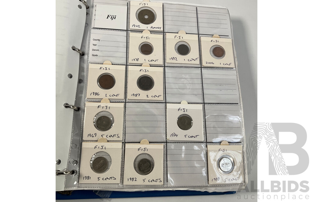 Album of International Coins in Alphabetical Order Including Argentina, Bahamas, Barbados, Brazil, Canada, China, East Africa, Egypt, Fiji, Ghana, Hong Kong, India, Indonesia, Israel, Japan, Kenya, Macau and More