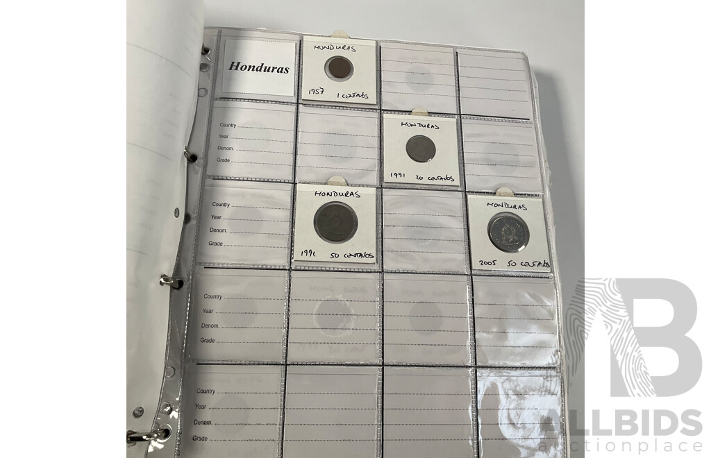 Album of International Coins in Alphabetical Order Including Argentina, Bahamas, Barbados, Brazil, Canada, China, East Africa, Egypt, Fiji, Ghana, Hong Kong, India, Indonesia, Israel, Japan, Kenya, Macau and More