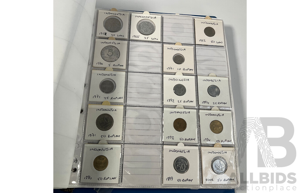 Album of International Coins in Alphabetical Order Including Argentina, Bahamas, Barbados, Brazil, Canada, China, East Africa, Egypt, Fiji, Ghana, Hong Kong, India, Indonesia, Israel, Japan, Kenya, Macau and More
