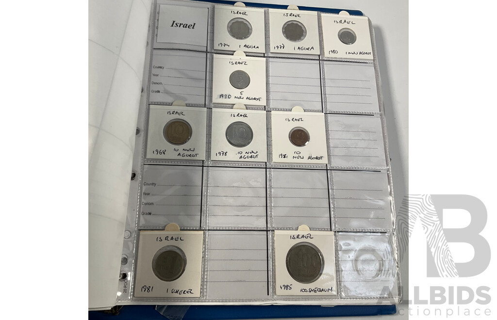 Album of International Coins in Alphabetical Order Including Argentina, Bahamas, Barbados, Brazil, Canada, China, East Africa, Egypt, Fiji, Ghana, Hong Kong, India, Indonesia, Israel, Japan, Kenya, Macau and More