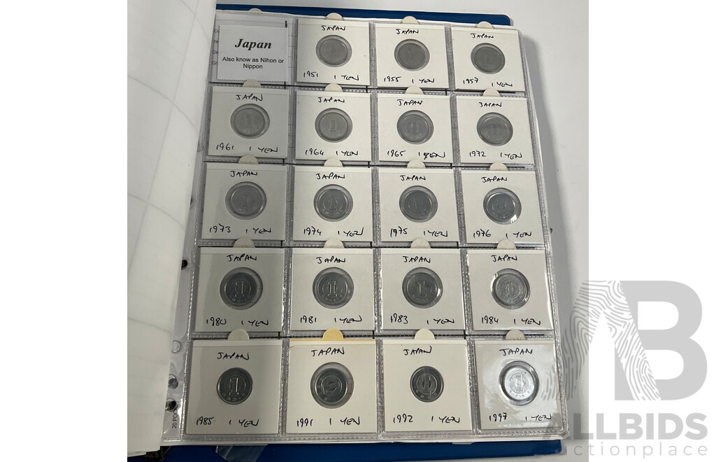 Album of International Coins in Alphabetical Order Including Argentina, Bahamas, Barbados, Brazil, Canada, China, East Africa, Egypt, Fiji, Ghana, Hong Kong, India, Indonesia, Israel, Japan, Kenya, Macau and More